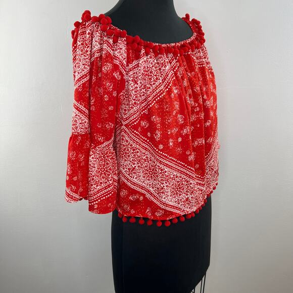 TULAROSA Alex Cherry Red White Bandana Print Off-Shoulder Pom Pom Top Blouse M - Picture 4 of 9